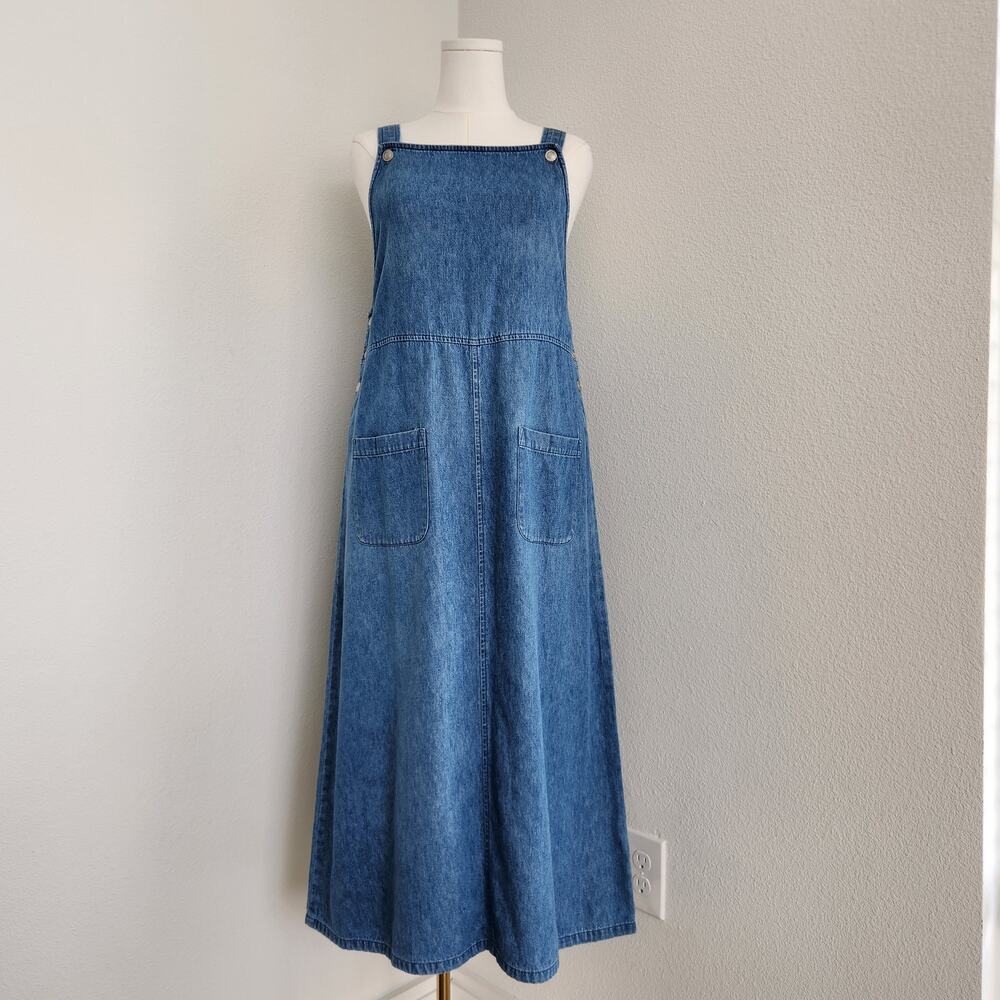 Vintage 90s Talbots Denim Overall Jumper Midi Dress Sleeveless Cottage Fall M